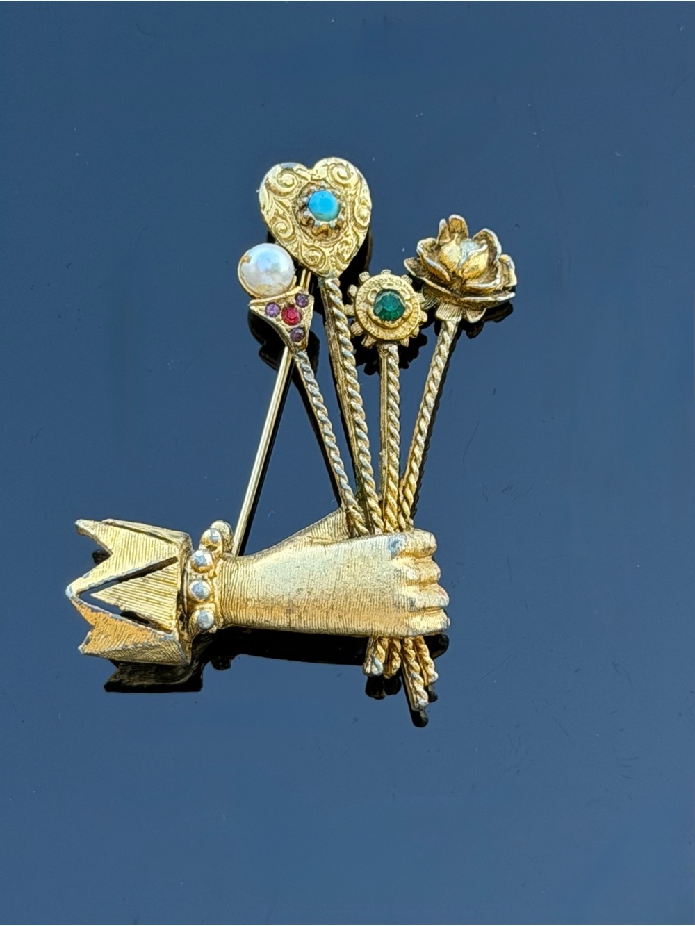 Rare Look Vintage Hand Holding Jeweled Flowers Figural Brooch Statement Pin